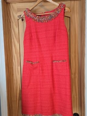 Talbots Coral Orange Sleeveless Tweed Midi Dress with Multicolor Fringe Trim
